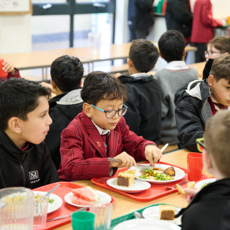 Group of school boys at the tables in the school restaurant. They are eating a delicious lunch from colourful trays