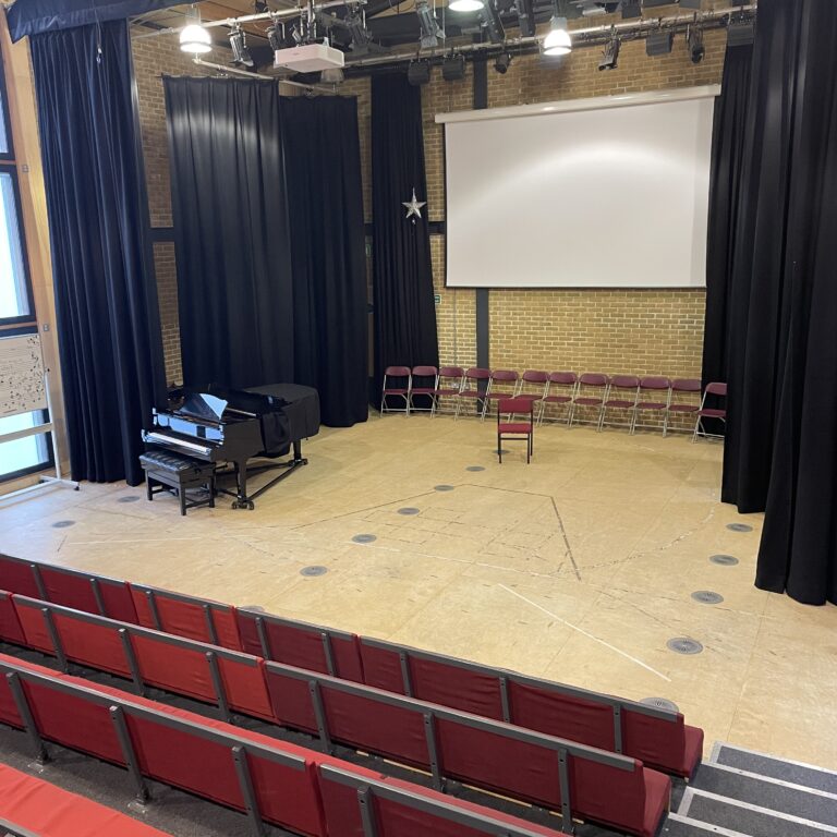 View of the front stage area in the theatre at The Mall School, which seats 150 and is available to hire